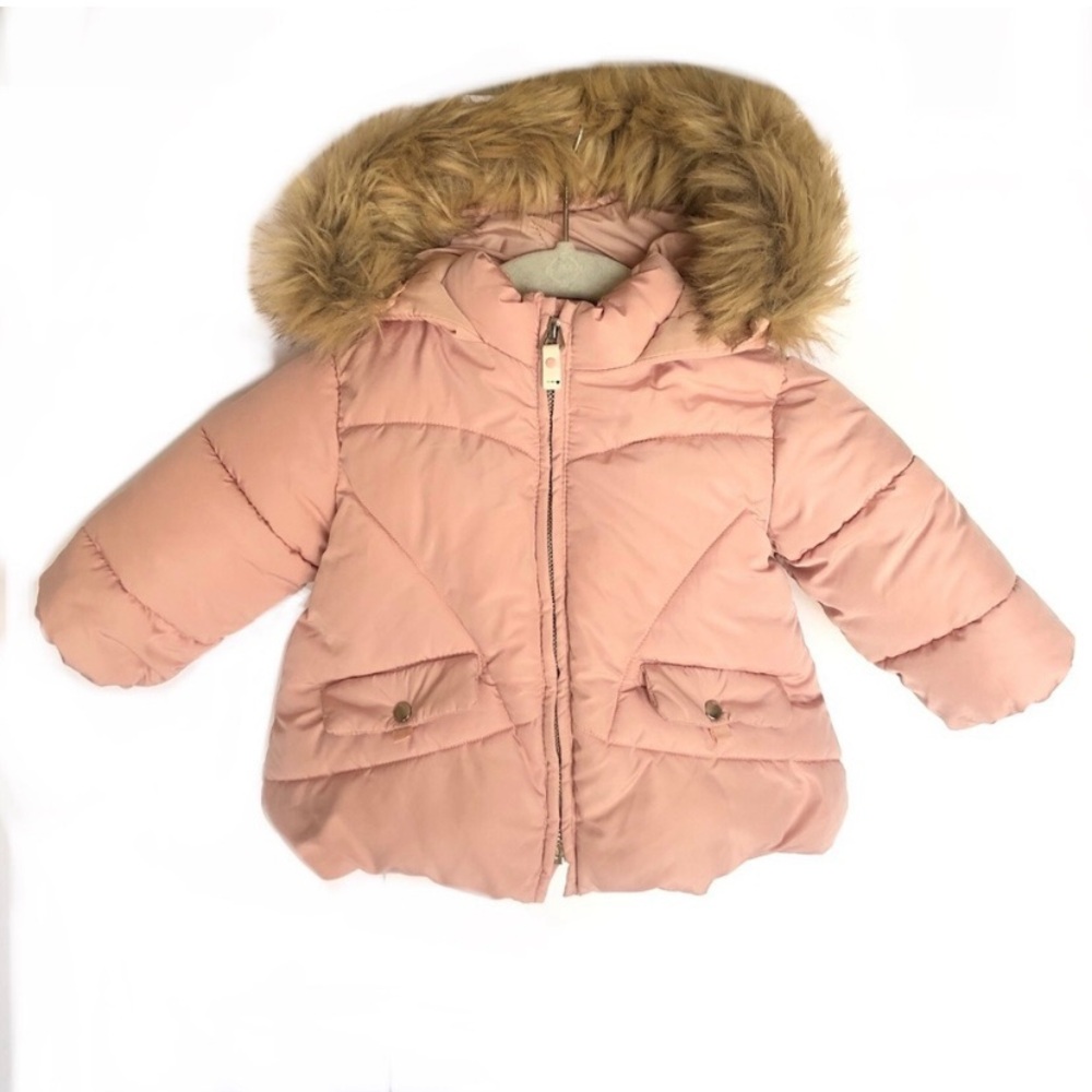 Zara Down Puffer Faux Fur Pink Baby Girl Jacket 3-6 Mos